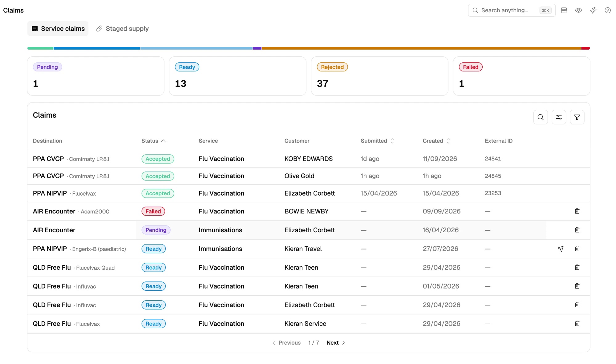 The Claims screen with the Service claims and Staged supply tabs, status cards for Pending, Ready, Rejected and Failed, and the claims list showing destination, vaccine, status, service, customer, submitted and created dates, and external ID