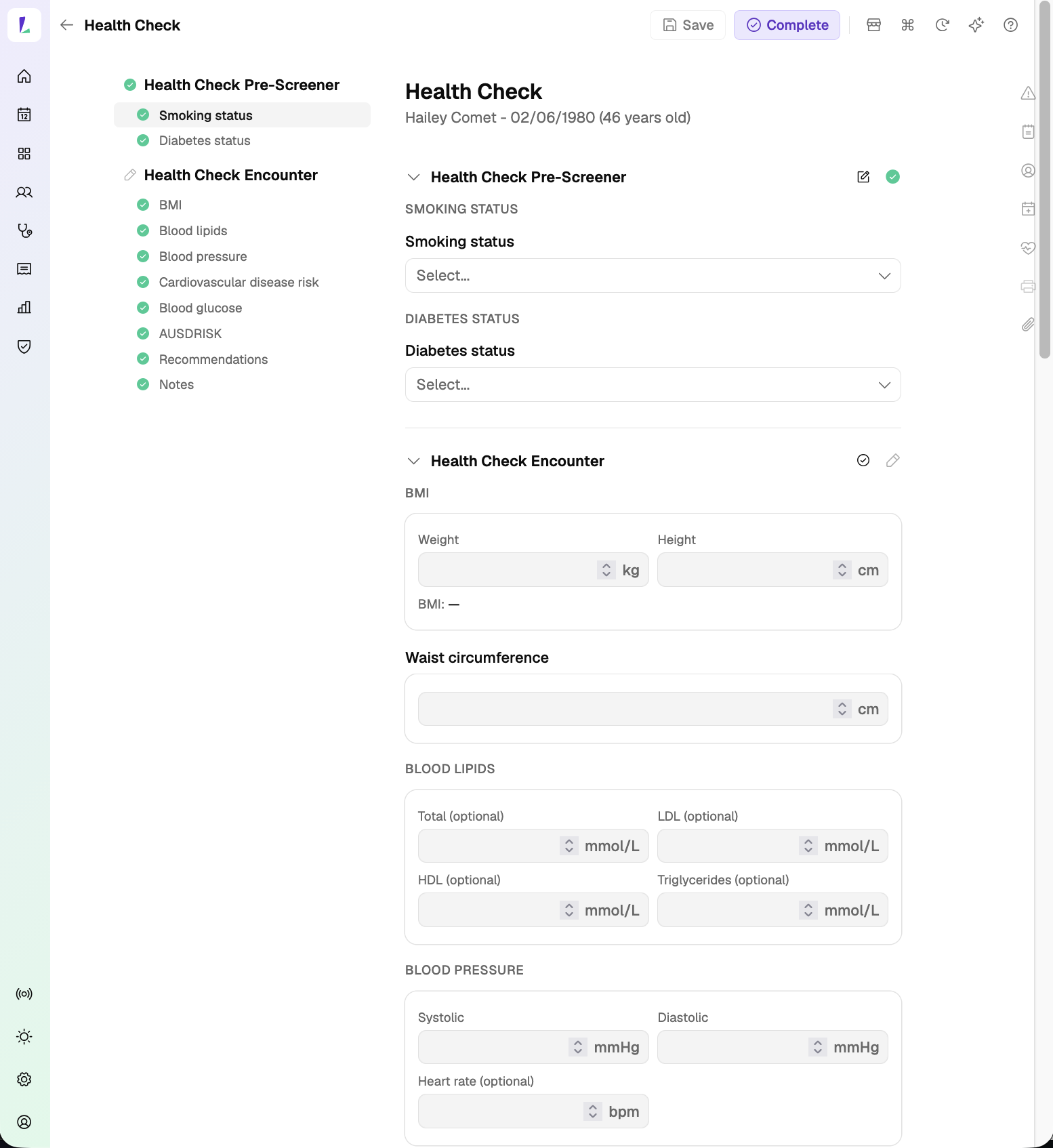 The Health Check assessment in Light, showing the pre-screener and the encounter sections