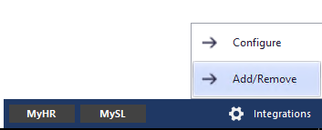 The Integrations cog under the Fred Dispense Plus AppBar, with its menu open on Configure and Add/Remove
