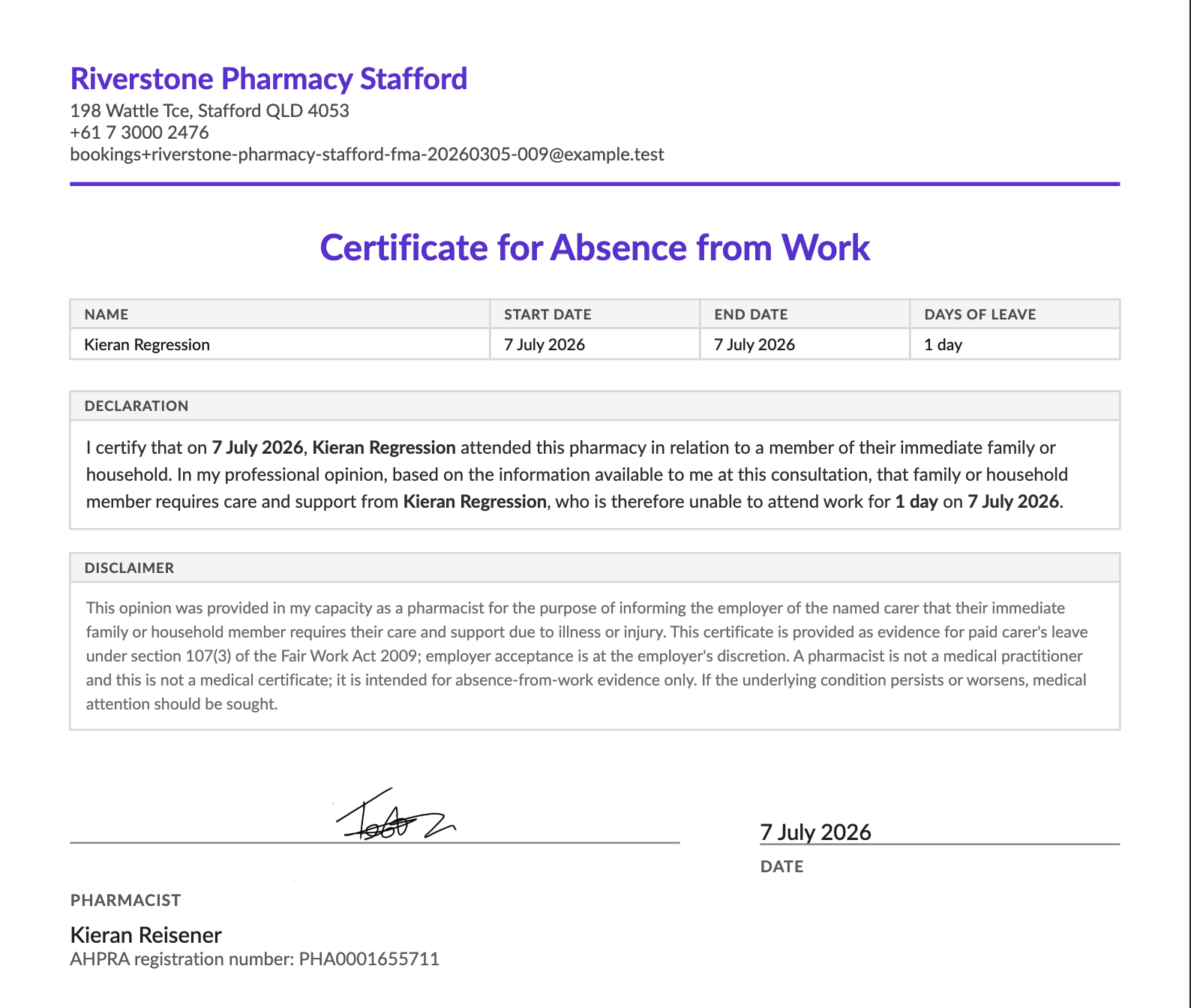 A redesigned Absence from Work certificate on pharmacy letterhead, on a single page with the pharmacist's signature and date