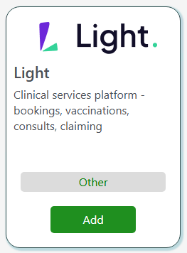 The Light integration tile in the Fred App Store, showing the Light logo, the description Clinical services platform – bookings, vaccinations, consults, claiming, and an Add button