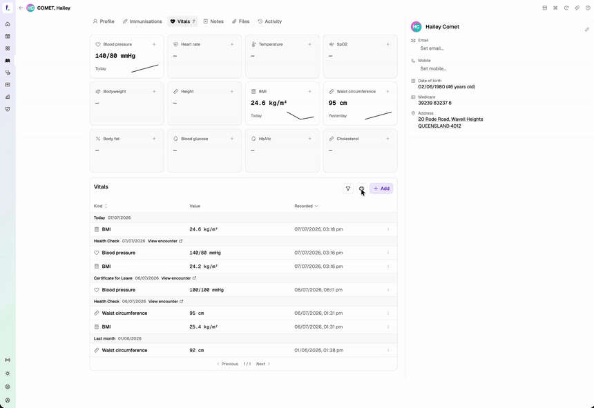 Selecting readings on the Vitals tab and printing a vitals report on pharmacy letterhead