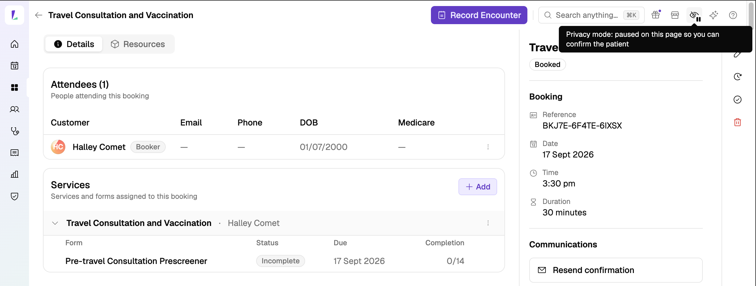 A booking detail page with the attendee's full name shown, and a tooltip on the header icon reading Privacy mode: paused on this page so you can confirm the patient