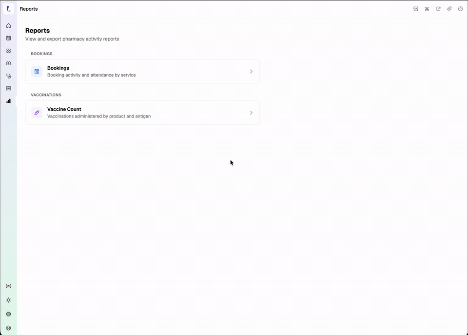 Bookings report showing services grouped by status across a selected date range