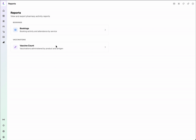 Vaccine Count report with antigens expanded to show per-product totals over a selected date range