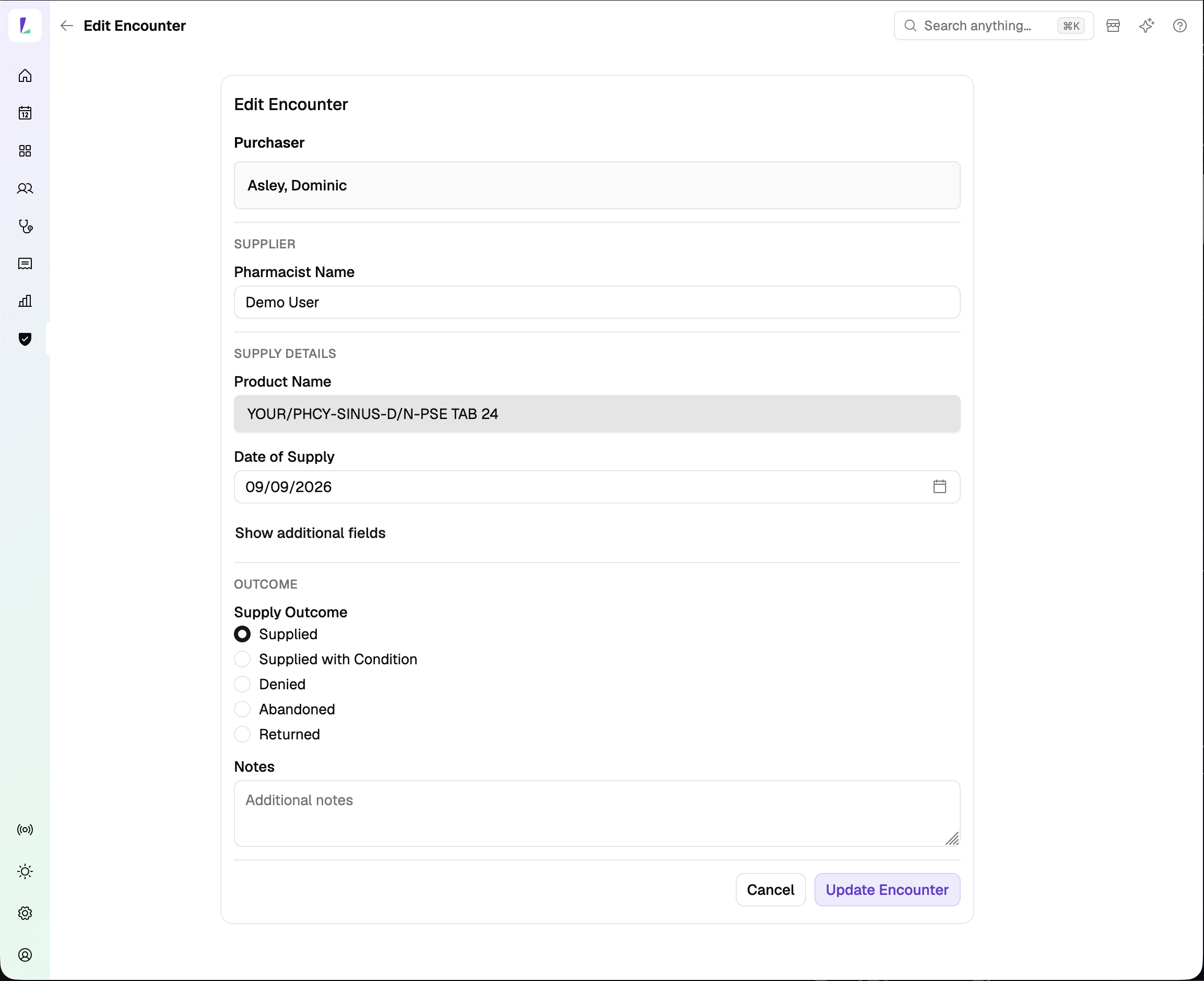 The Edit Encounter page showing a read-only Purchaser, an editable Pharmacist Name, Product Name, Date of Supply, the Supply Outcome options and a Notes field, above Cancel and Update Encounter buttons