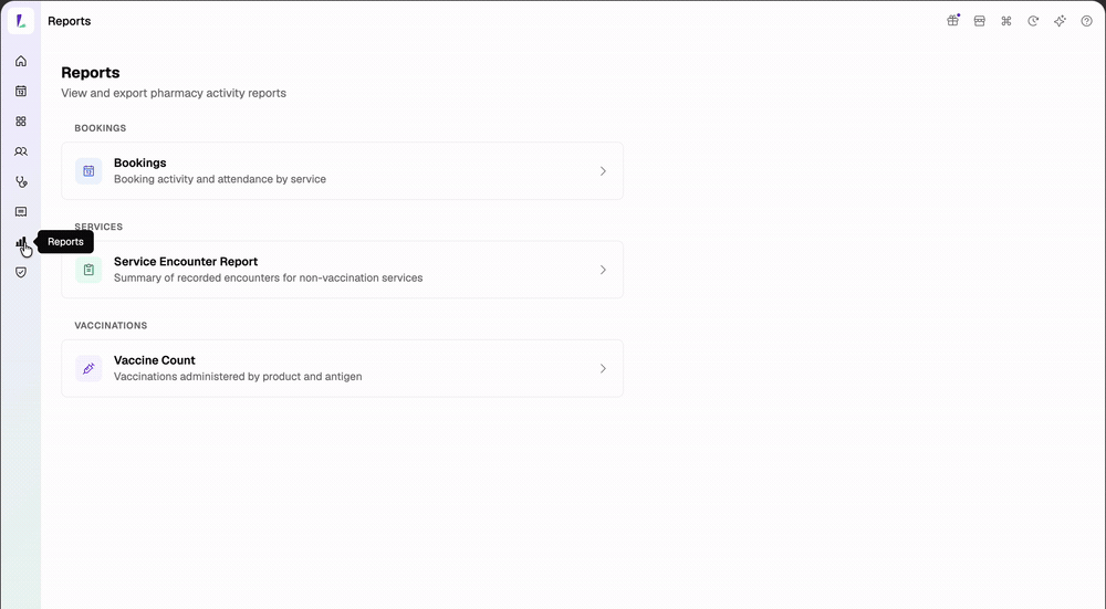 The Service Encounter report in the Reports section, showing encounter counts per service