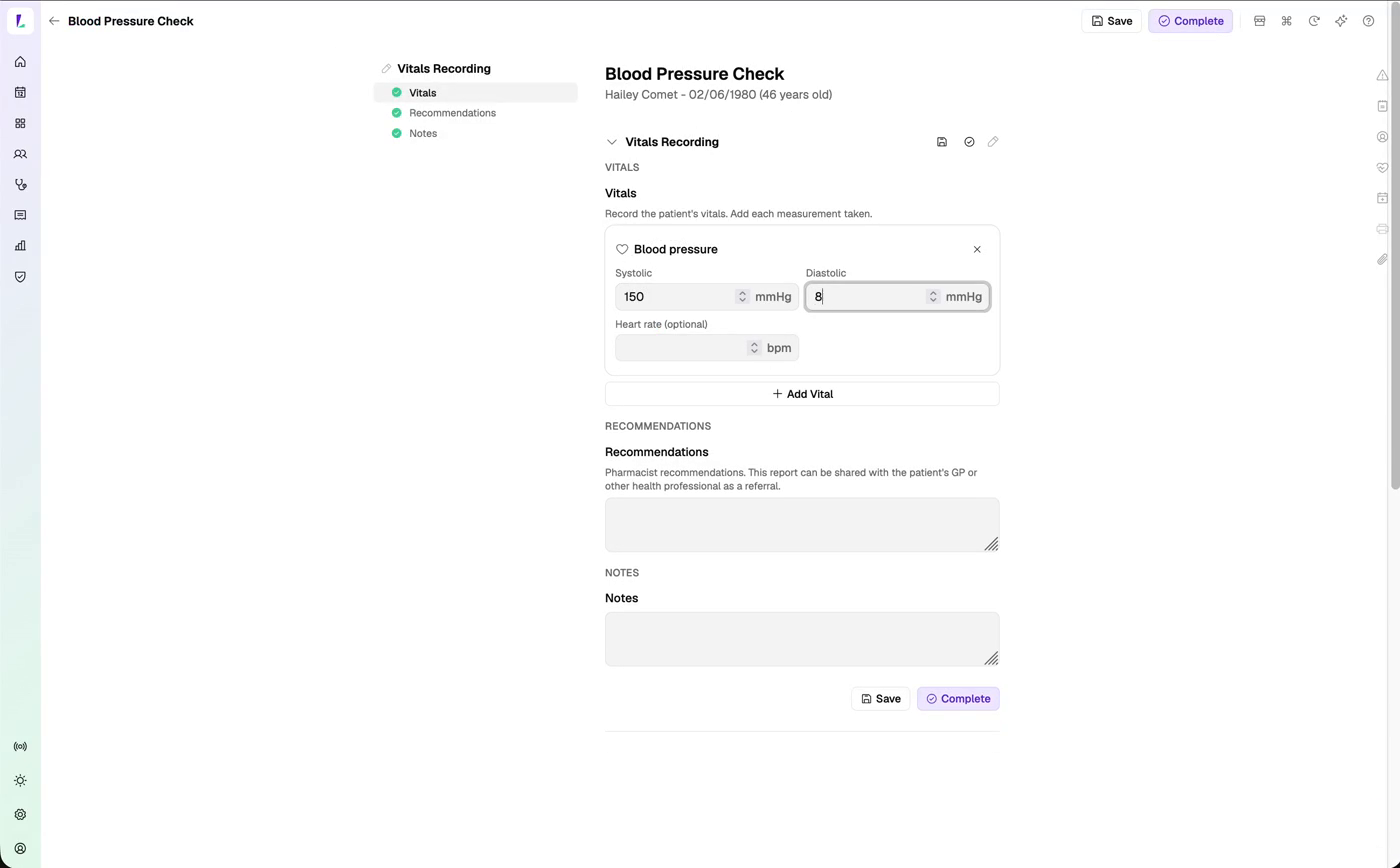 A Blood Pressure Check recorded as a Vitals Recording encounter, with the vital, a Recommendations field, and Notes