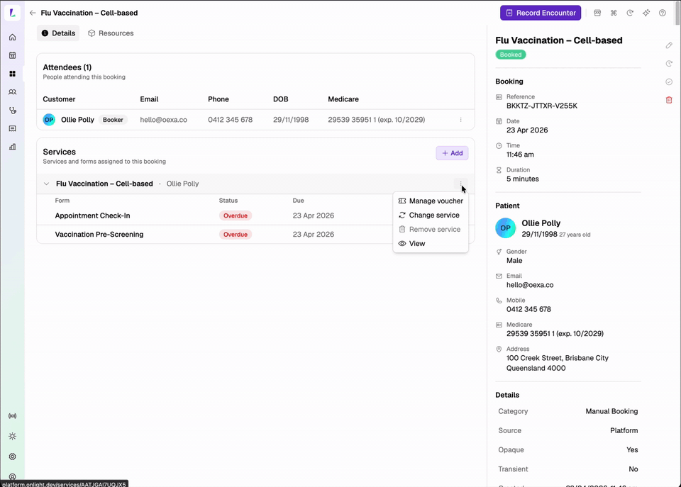 Changing a service on an existing booking from the booking detail page