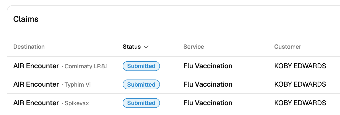 The Claims list showing three AIR Encounter rows, each with the vaccine name beside it – Comirnaty LP.8.1, Typhim Vi and Spikevax