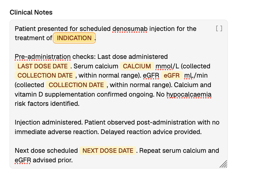 A Clinical Notes template with bracketed placeholders, the highlight stepping from one to the next as Tab is pressed
