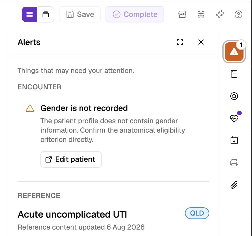 The encounter tools on the right-hand side, with the Clinical Alerts tile showing a count of items to review and a dot marking the other tools that have content