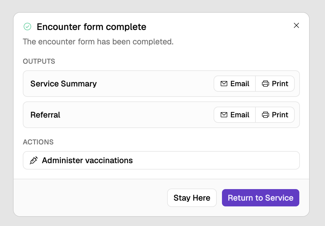 The Encounter form complete dialog for a pre-travel consult, with Outputs listing Service Summary and Referral each offering Email and Print, and Actions listing Administer vaccinations