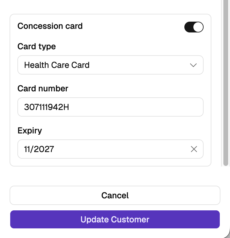 The concession card block on the edit customer sheet, with card type, card number, and expiry filled in