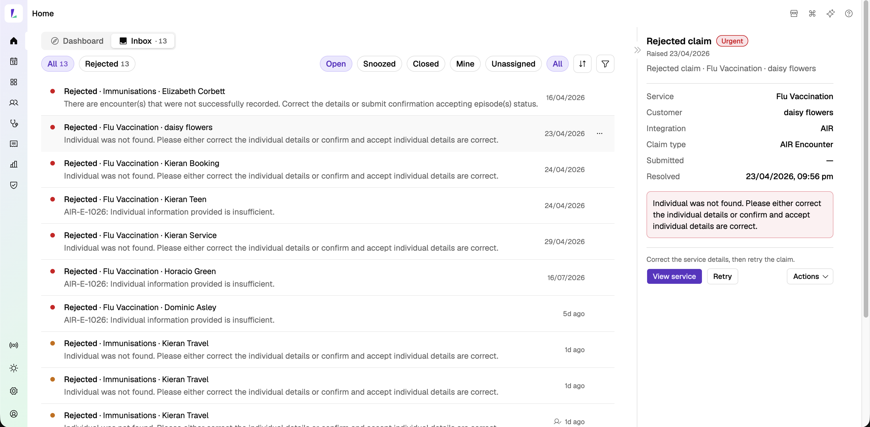 The Dashboard Inbox listing rejected claims with coloured urgency dots, filters across the top, and a selected item's detail on the right with View service and Retry actions