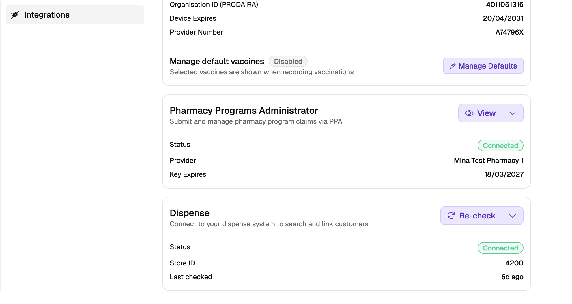 The Dispense card under Settings / Integrations, showing connection status, Store ID, Last checked, and a Re-check button