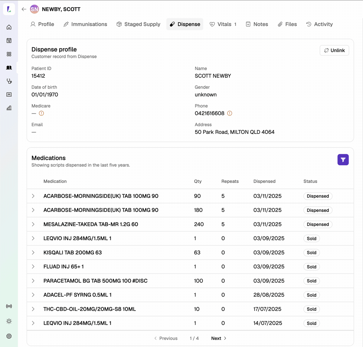 Searching for a customer in Light, adding them from Minfos, and seeing their dispense history under the Dispense tab