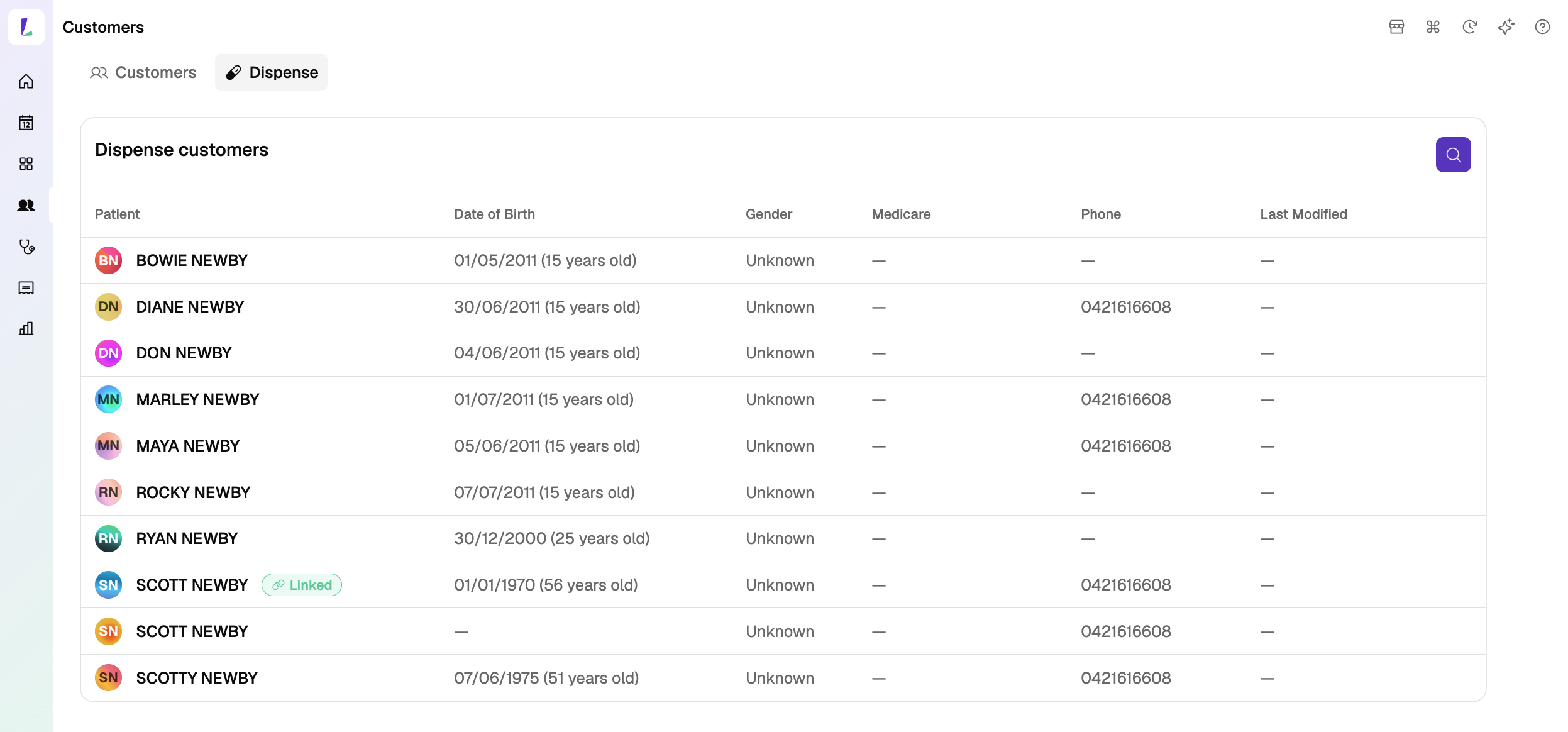 The Dispense tab in Customers listing Dispense customers, with a search icon and a Linked badge on a matched patient