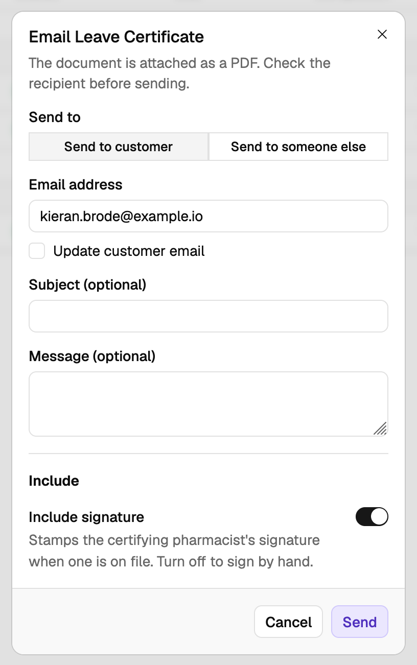 The Email Leave Certificate dialog, with a Send to customer / Send to someone else toggle, the recipient's email address, an Update customer email checkbox, optional subject and message, and an Include signature toggle