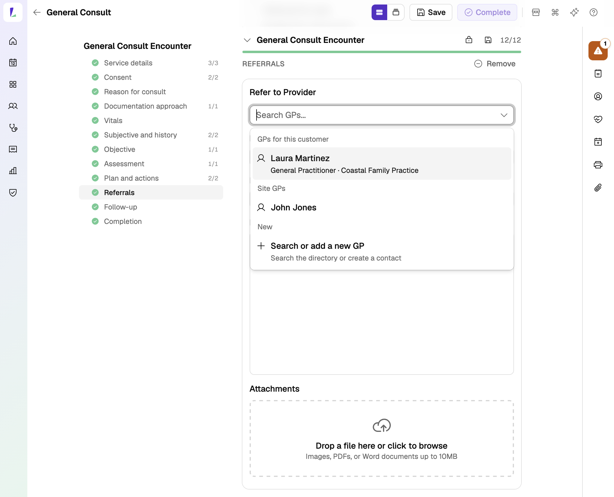 A General Consult encounter on the Referrals section, with a Refer to Provider search listing the customer's GPs, the site's GPs, and an option to search or add a new GP, and an Attachments drop zone below