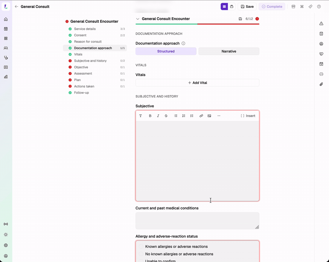 A General Consult encounter, with the section rail – Reason for consult, Documentation approach, Vitals, Subjective and history, Objective, Assessment, Plan, Actions taken, Follow-up – and the Documentation approach toggle set to Structured