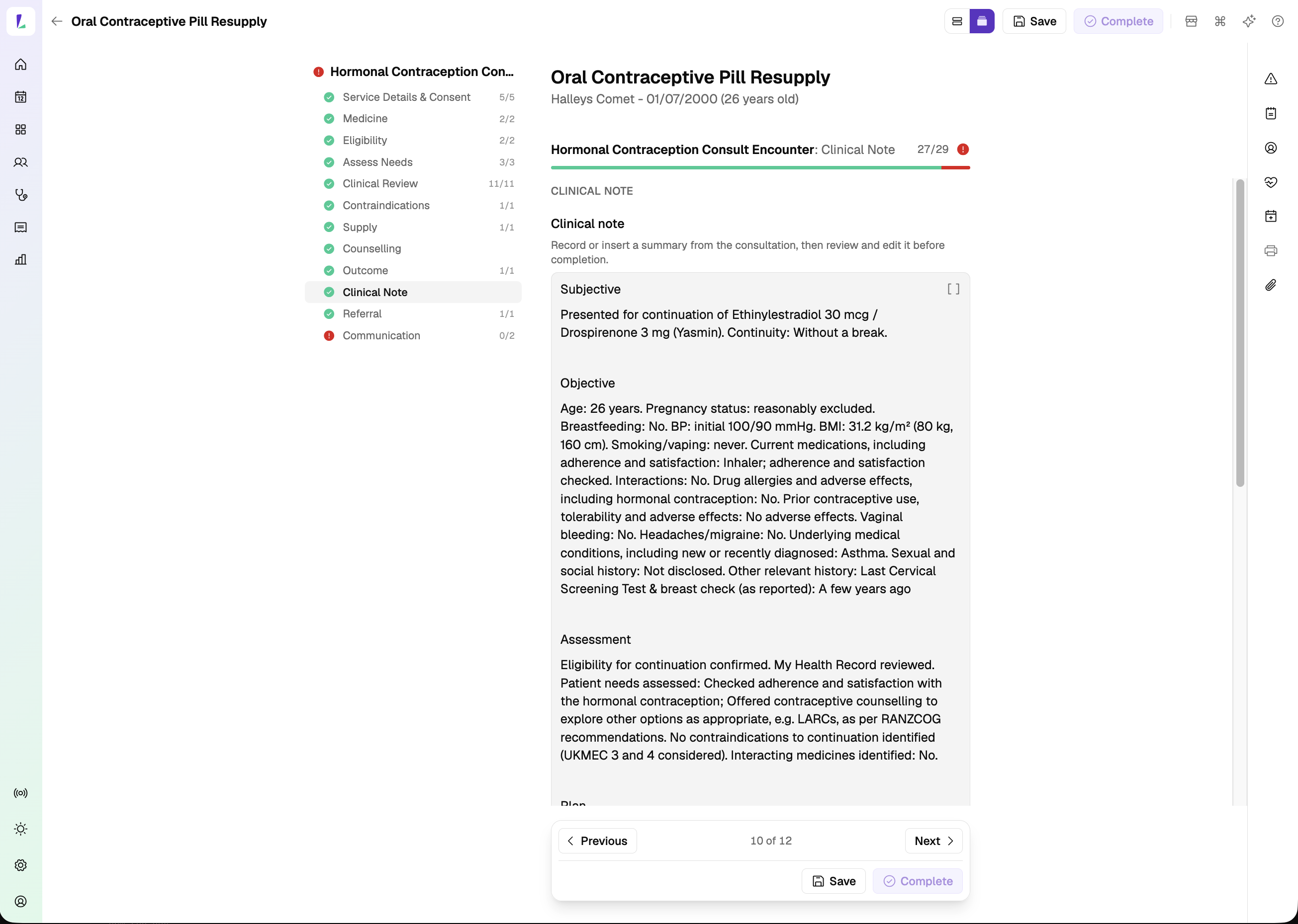 The consult in step-by-step mode, on the clinical note step