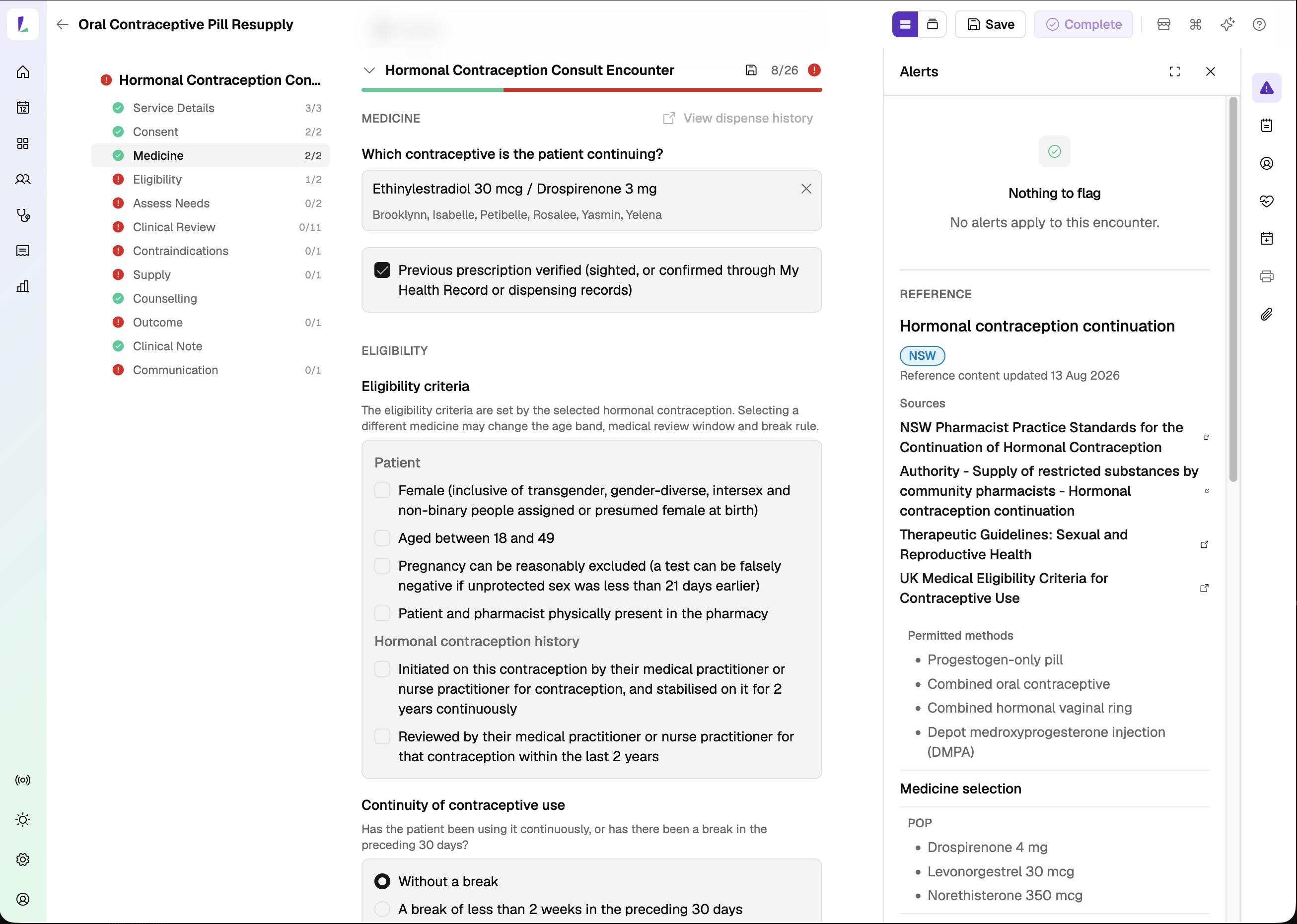 A Hormonal Contraception Consult in continuous mode: the section rail on the left, the Medicine and Eligibility steps in the centre, and the NSW Reference panel on the right listing the permitted methods – progestogen-only pill, combined oral contraceptive, vaginal ring and DMPA