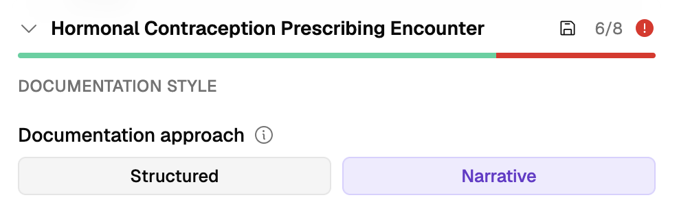 The Documentation approach control, set to Narrative