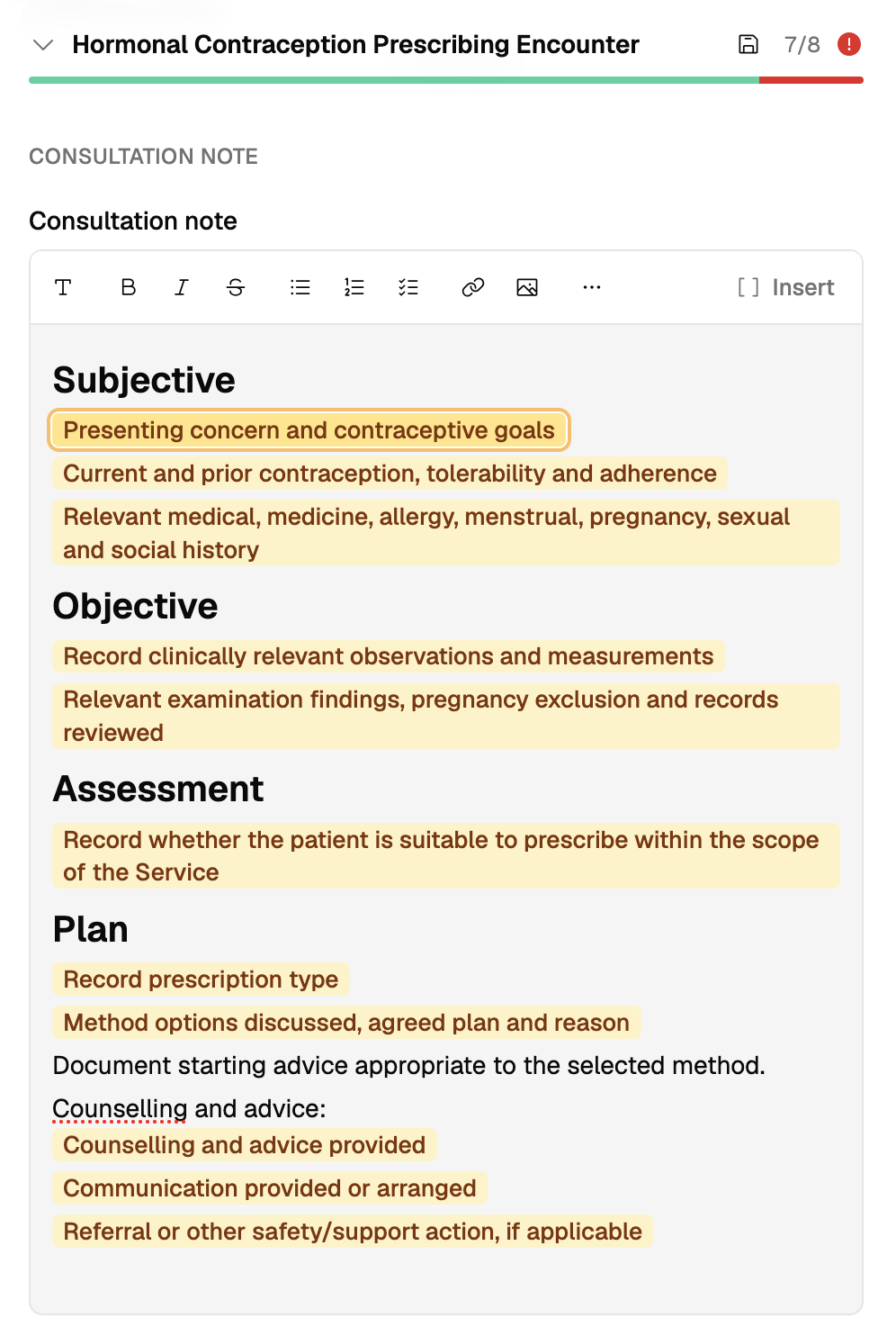 A consultation note started from a template, with bracketed placeholders to fill in