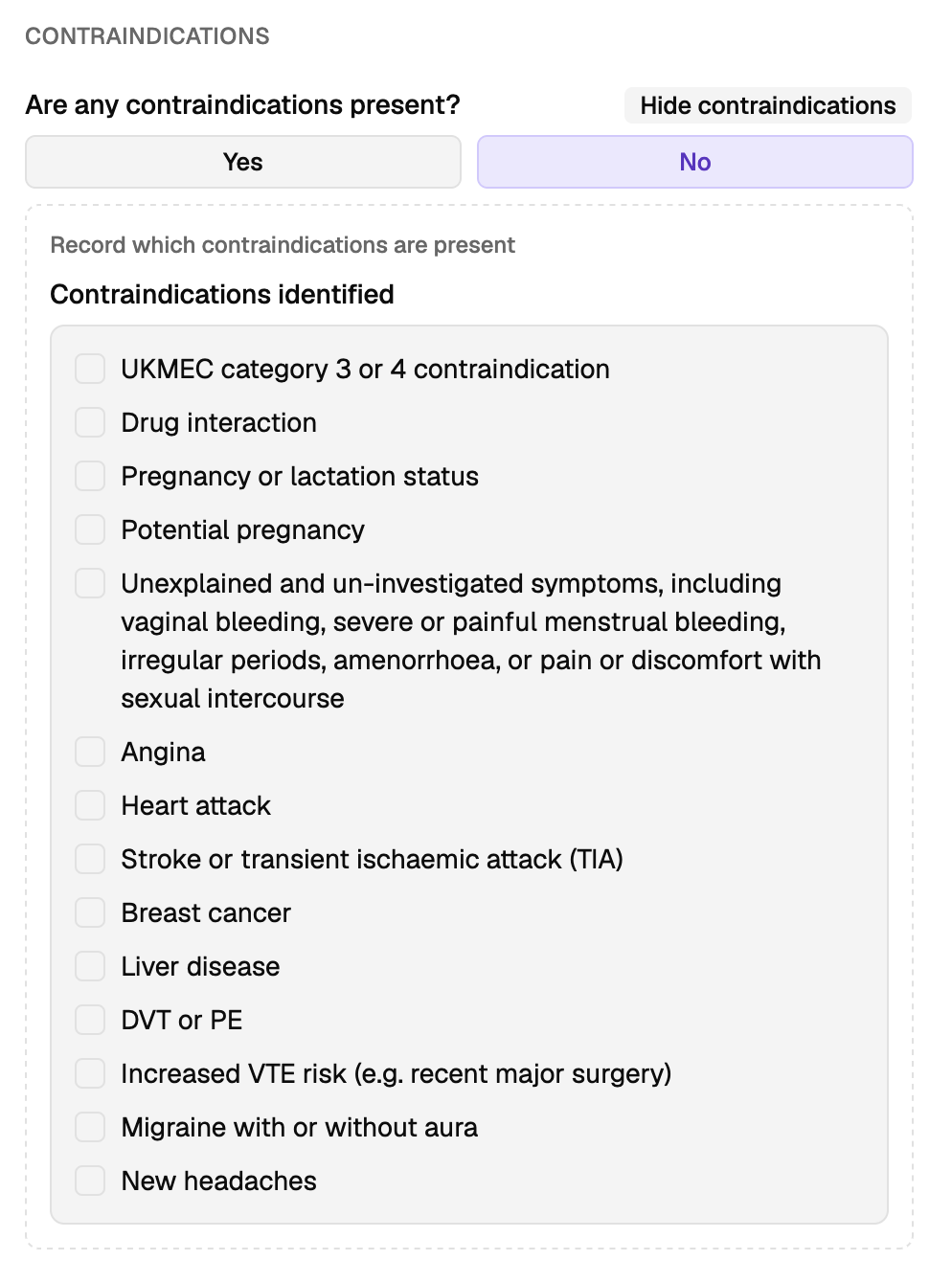 The contraindications step, with the full list shown