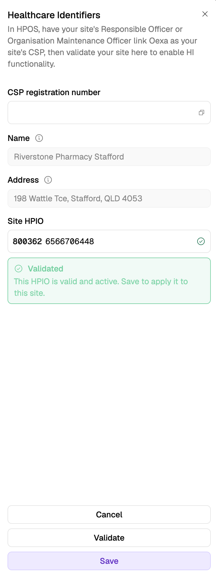 The Healthcare Identifiers sheet after the site HPI-O has validated successfully, with the Save button enabled