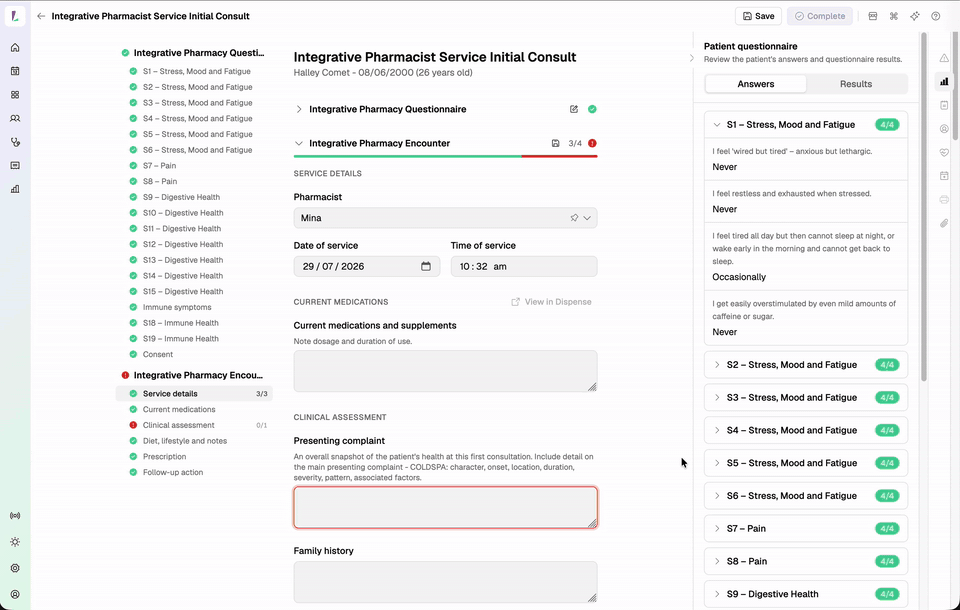 An integrative medicine consultation, showing the Questionnaire panel with Answers and Results, the ranked products, and the practitioner prescription
