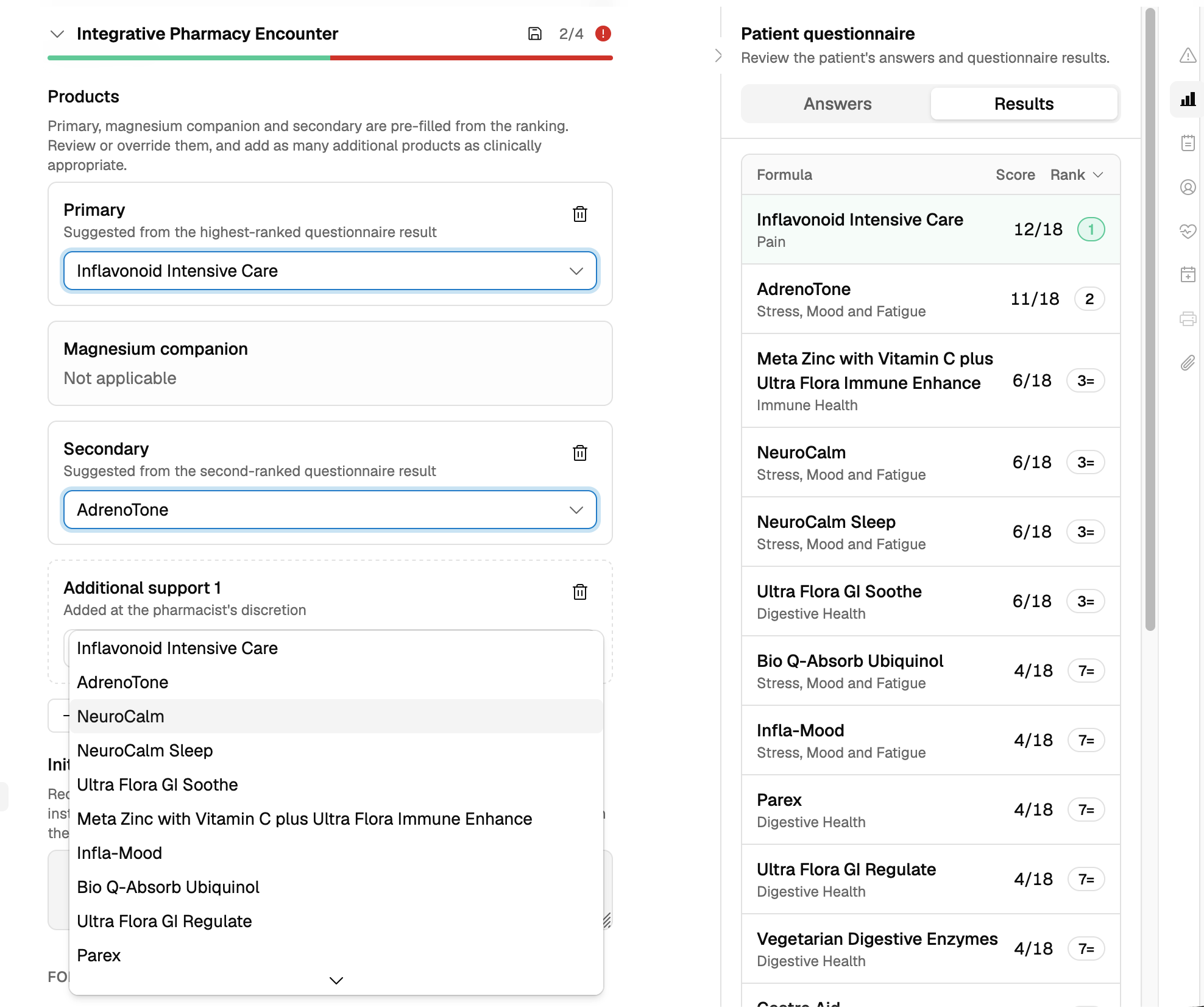 The Products section of the encounter, with Primary, Magnesium companion, and Secondary pre-filled from the ranking, alongside the Patient questionnaire Results panel