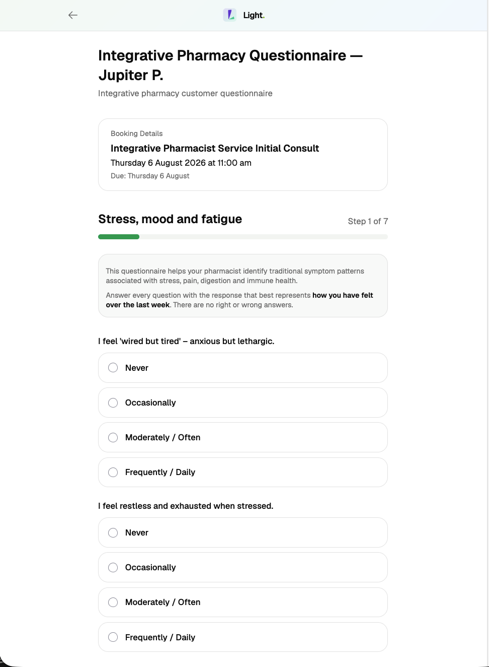 The patient-facing integrative questionnaire, on the Stress, mood and fatigue step, with Never / Occasionally / Moderately-Often / Frequently-Daily options