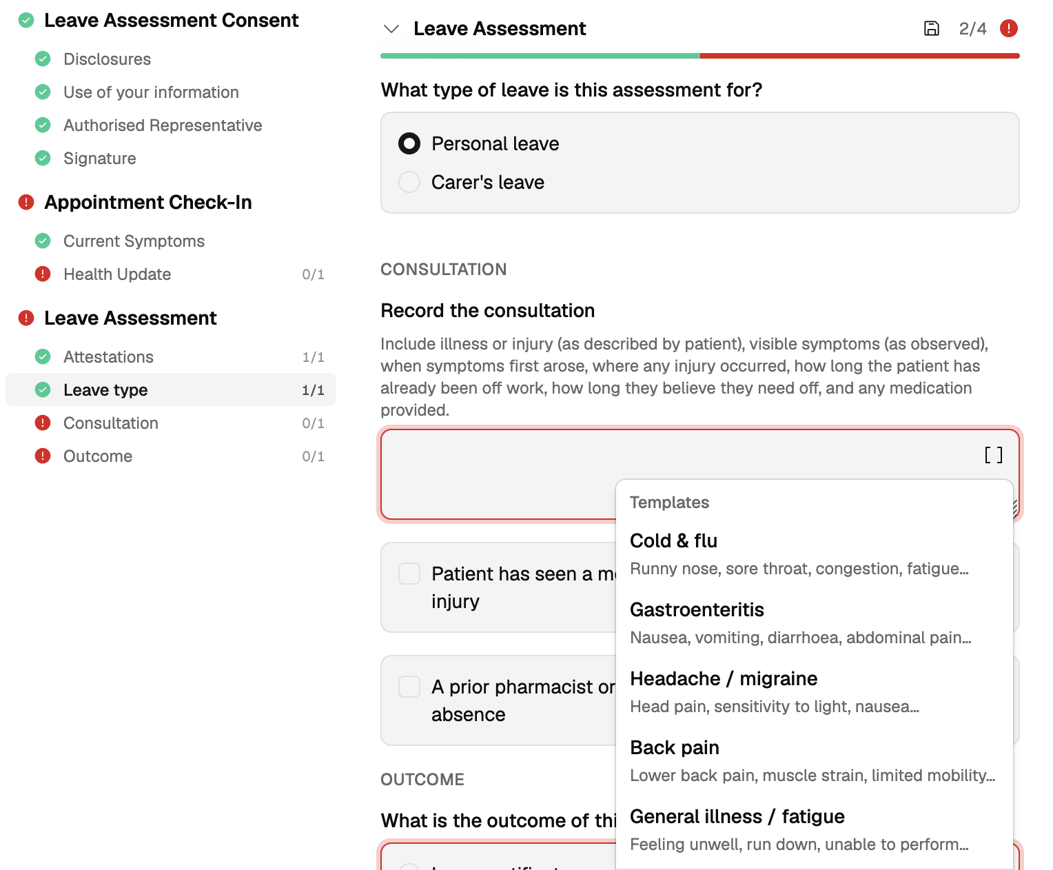 Selecting a consultation template from the brackets icon