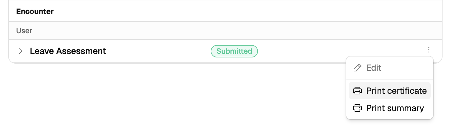 Printing the certificate from the three-dot menu on the service page
