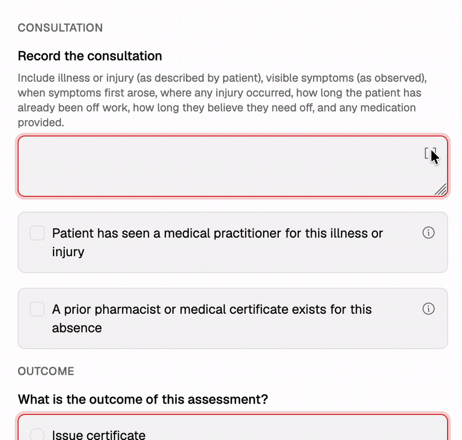 Choosing a consultation template while completing the assessment