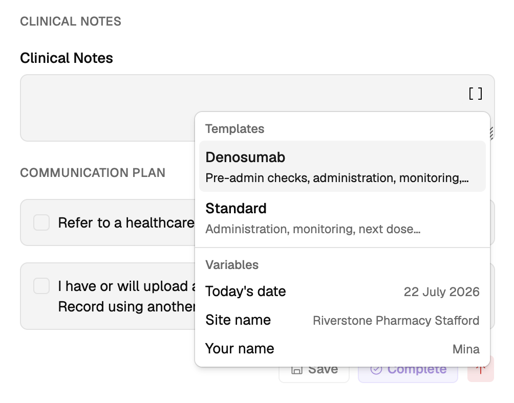 The Clinical Notes template menu, listing the Denosumab and Standard templates above the available variables