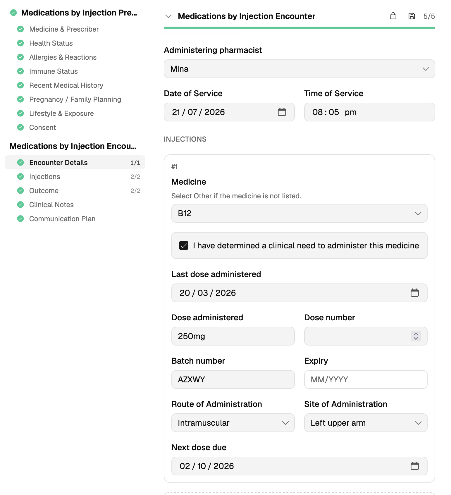 A Medications by Injection encounter with B12 selected, showing dose administered, batch number, route and site of administration, and the next dose due
