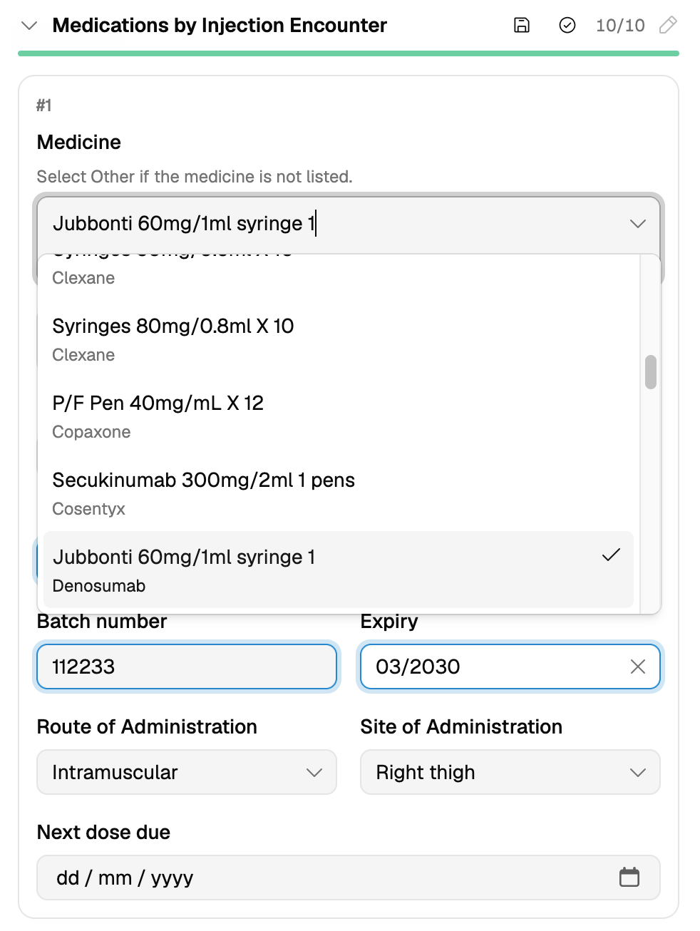 The Medicine field on a Medications by Injection encounter with Jubbonti 60mg/1ml syringe 1 typed in, the results list showing each product with its brand or ingredient beneath it, and the Jubbonti result selected