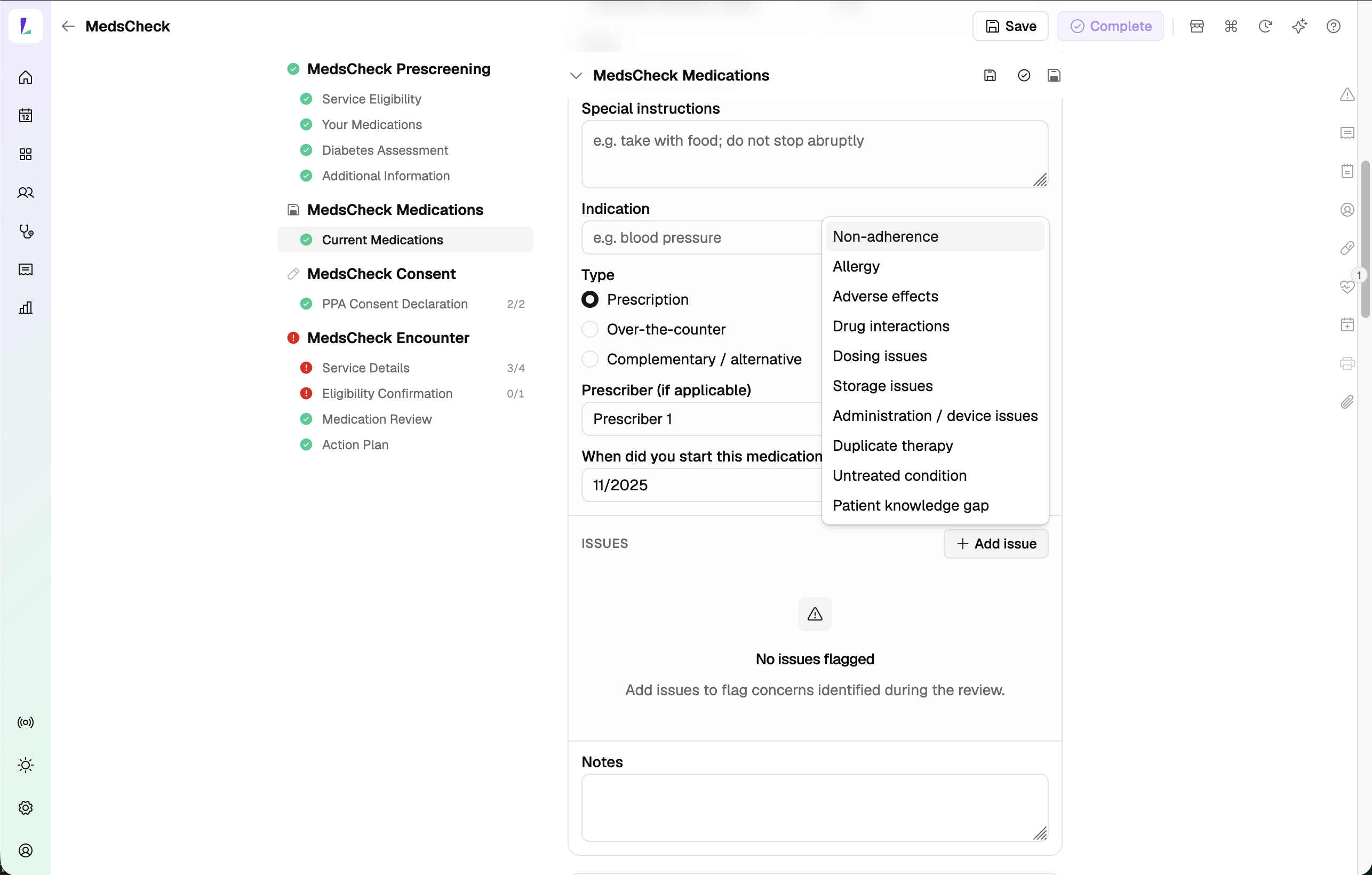 Recording an identified medication-related issue against a medicine during a MedsCheck review