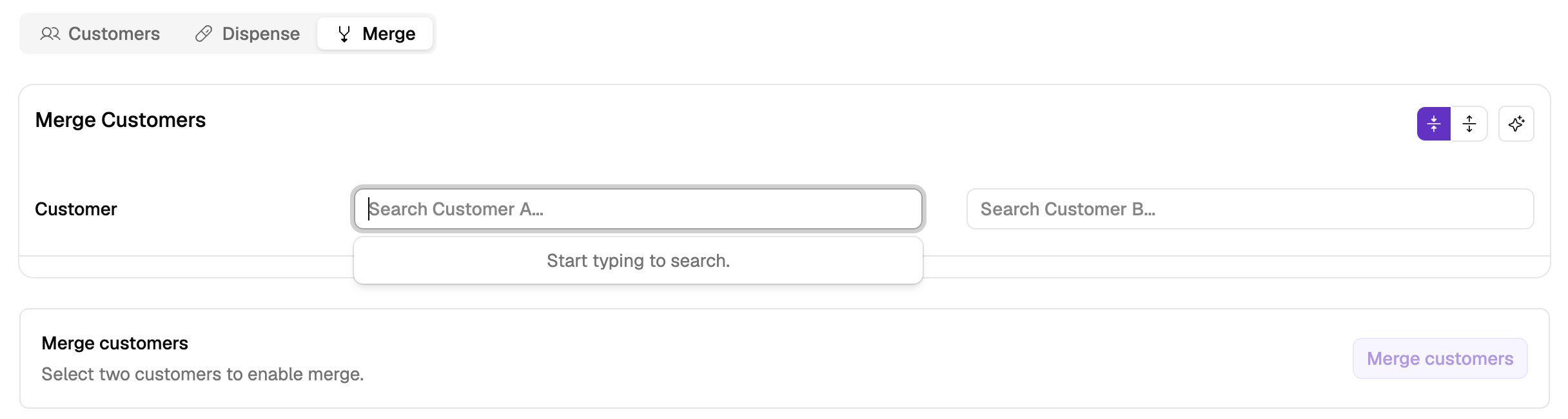 The Merge tab on Customers, showing the empty Search Customer A and Search Customer B fields and the Merge customers button disabled