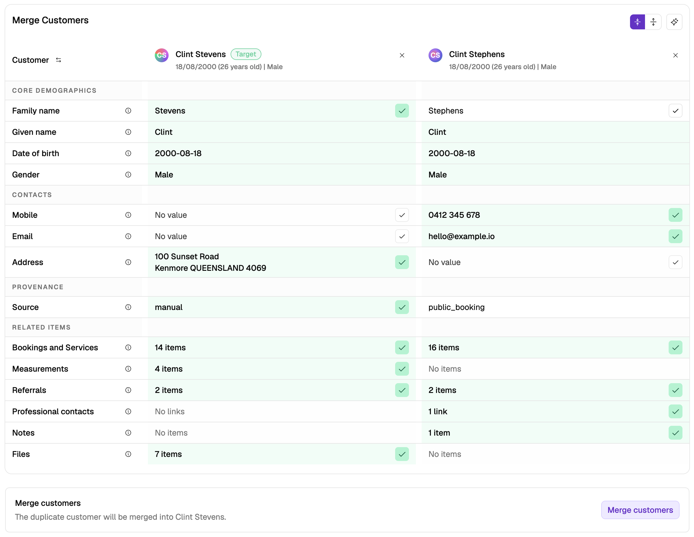 The Merge Customers screen comparing two duplicate records side by side, with a Target badge, selected demographics and contact details, related items from both records, and the Merge customers button