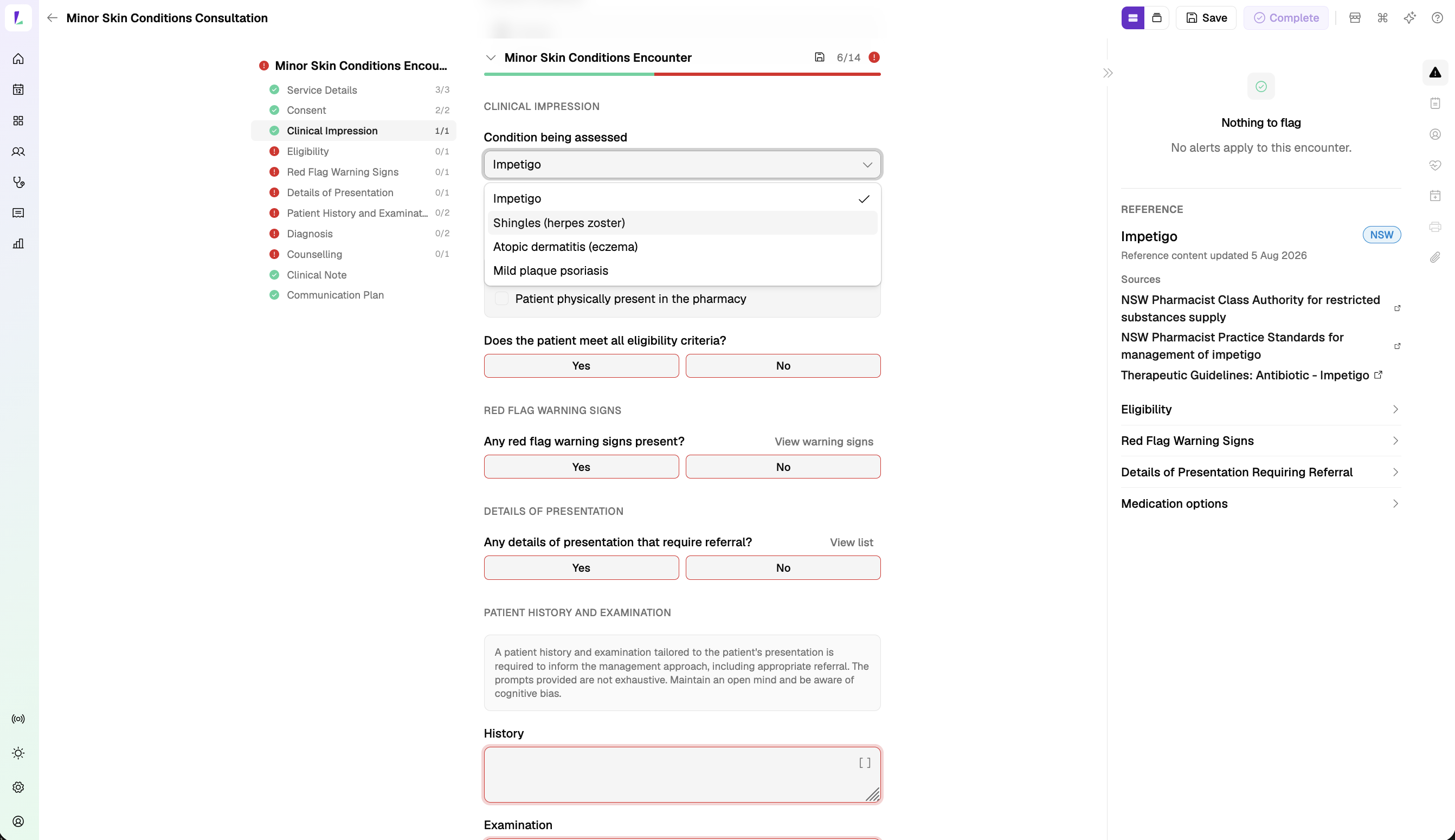 A Minor Skin Conditions consult with the Condition being assessed dropdown open on Impetigo, and the NSW Reference panel on the right showing the sources and when the reference content was updated