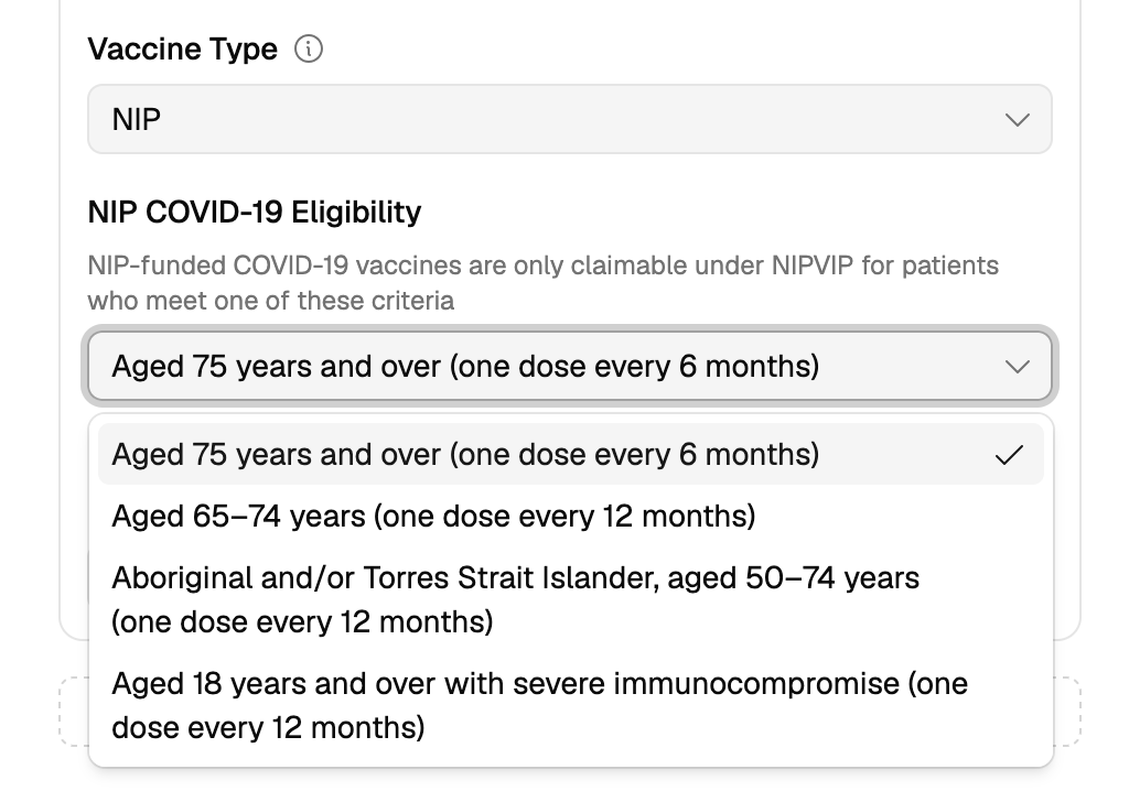 The AIR encounter form with Vaccine Type set to NIP and the NIP COVID-19 Eligibility dropdown open, listing Aged 75 years and over, Aged 65–74 years, Aboriginal and/or Torres Strait Islander aged 50–74 years, and Aged 18 years and over with severe immunocompromise