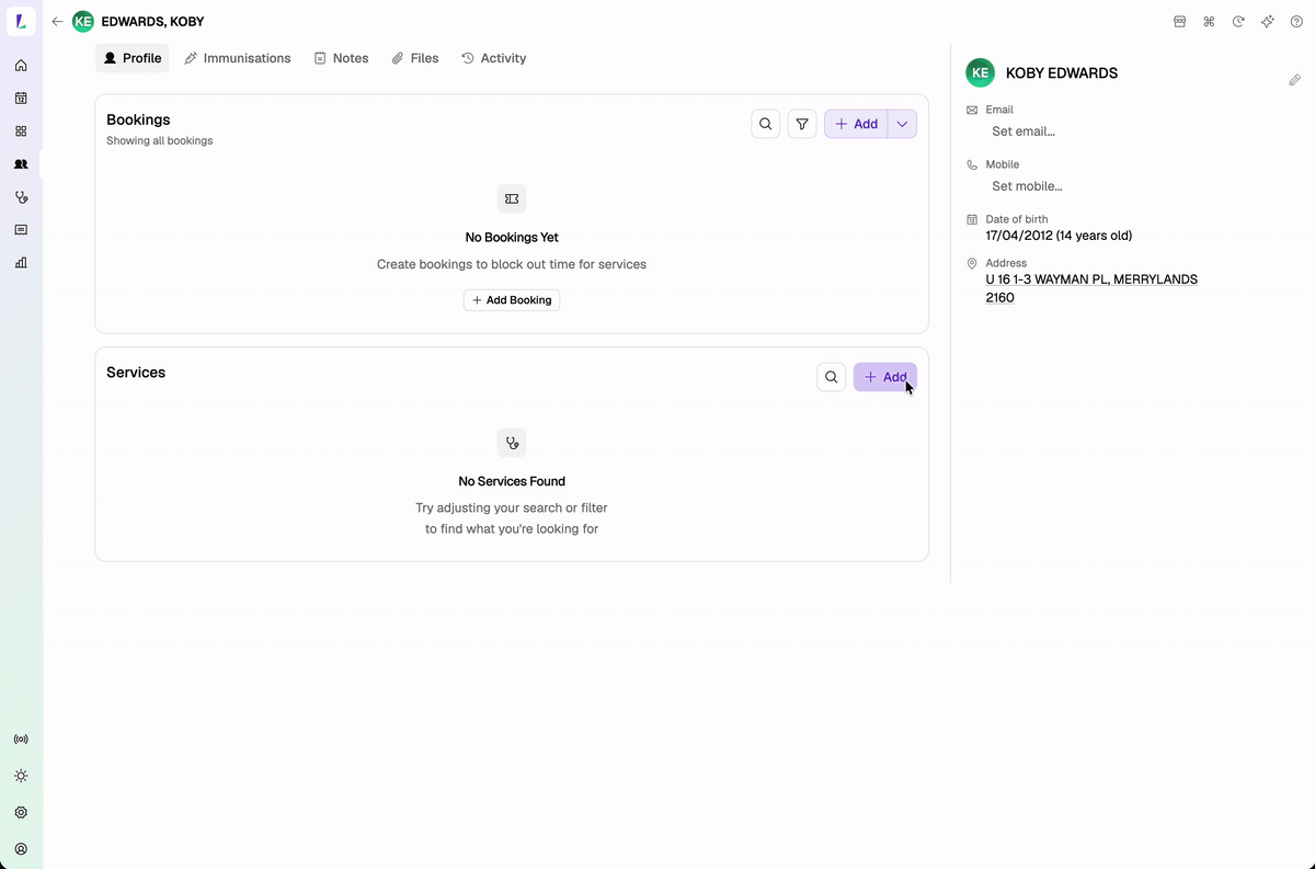 Adding a service directly from a customer profile, without a prior booking