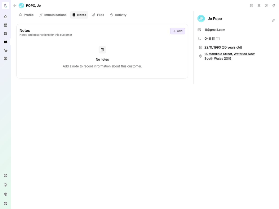 Adding a note from the Notes tab on a customer profile
