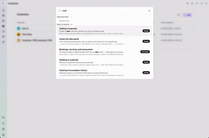Adding a booking and searching for a customer — results show both existing records and matches from AIR