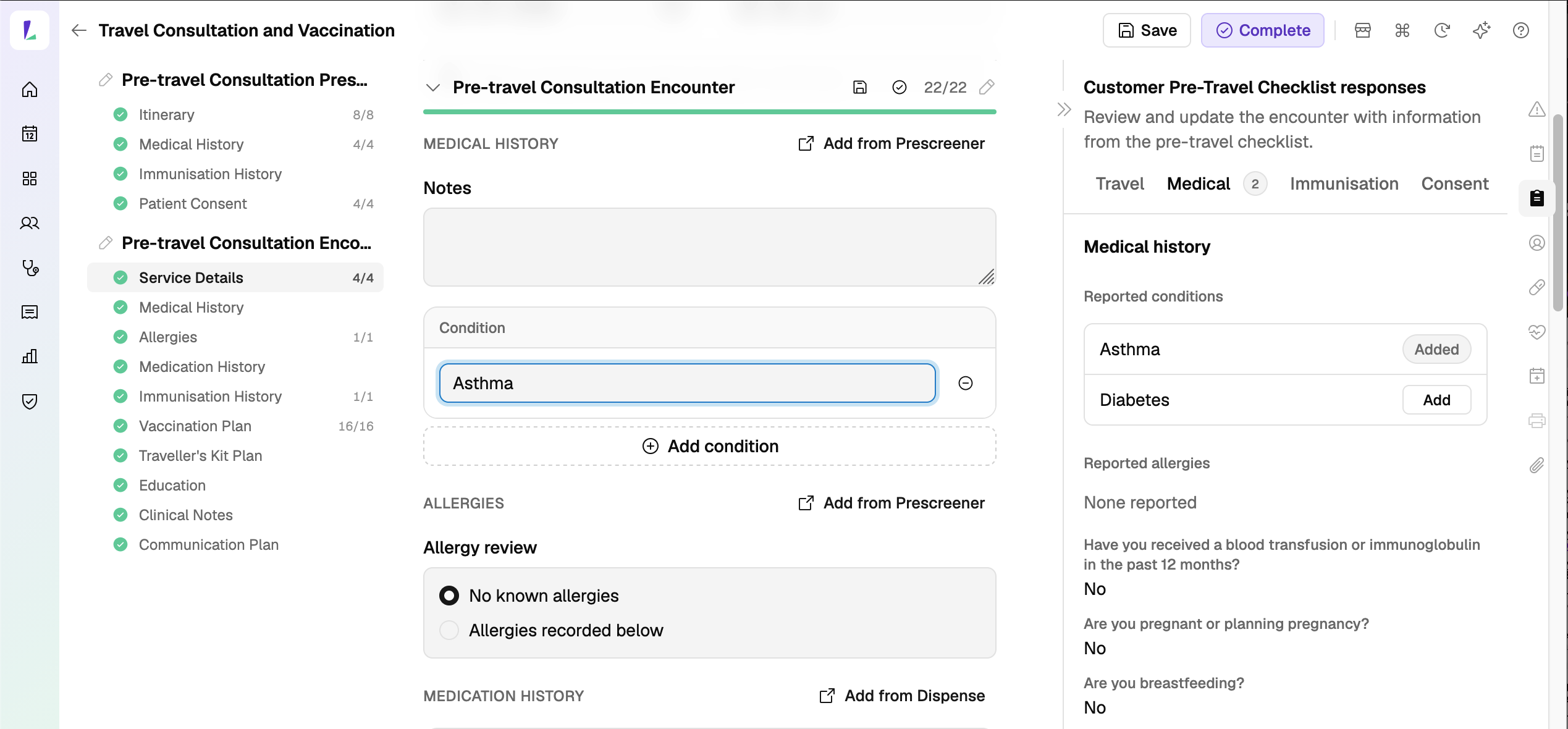 A pre-travel encounter with the Customer Pre-Travel Checklist responses panel open on the right, adding a reported condition to the encounter's Medical History