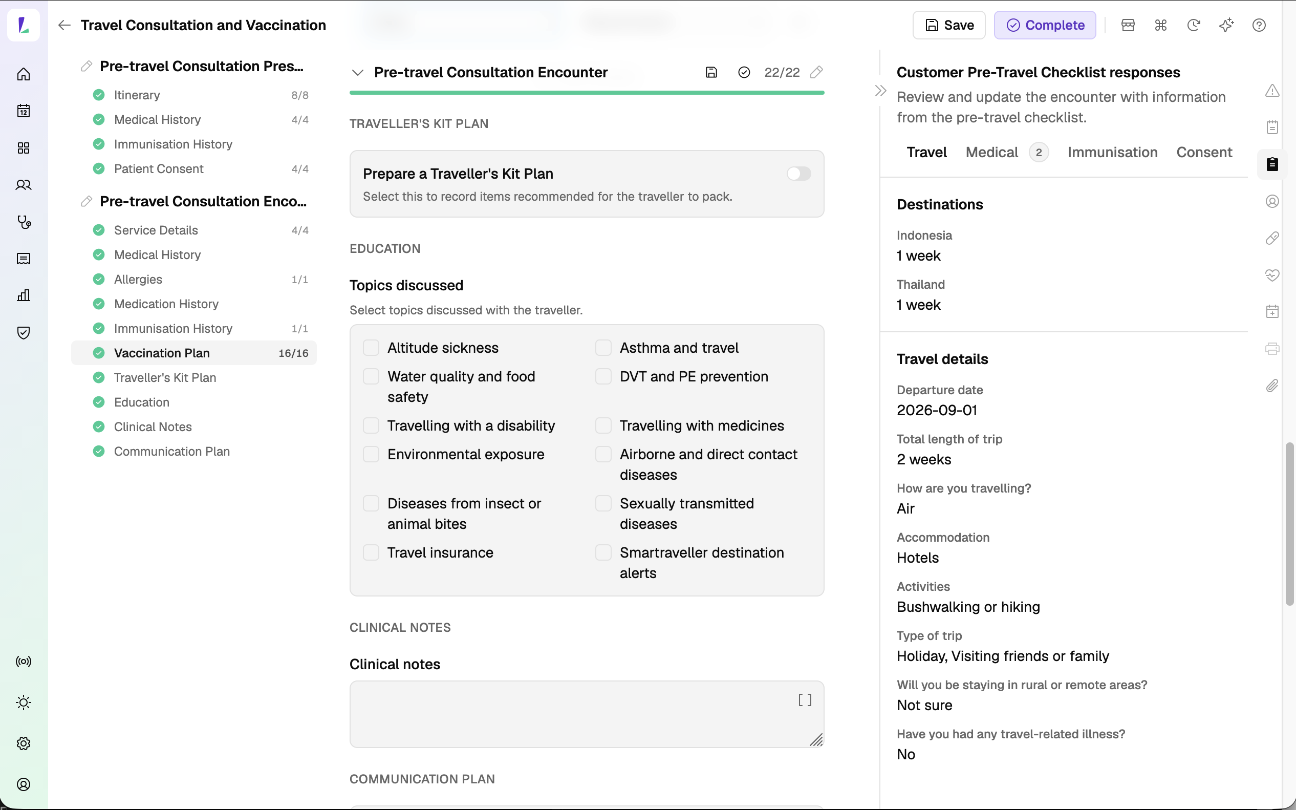 The Traveller's Kit Plan toggle and the Education topics checklist in a pre-travel encounter, with the checklist responses panel still open on the right